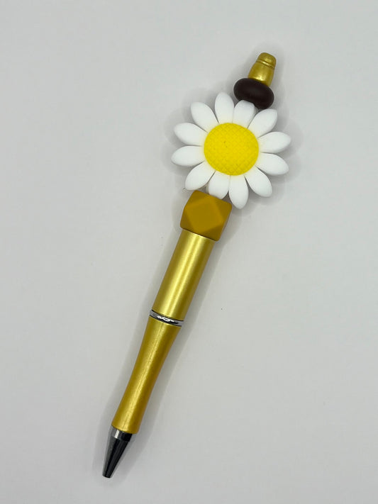 Large White Sunflower Gold Beaded Pen