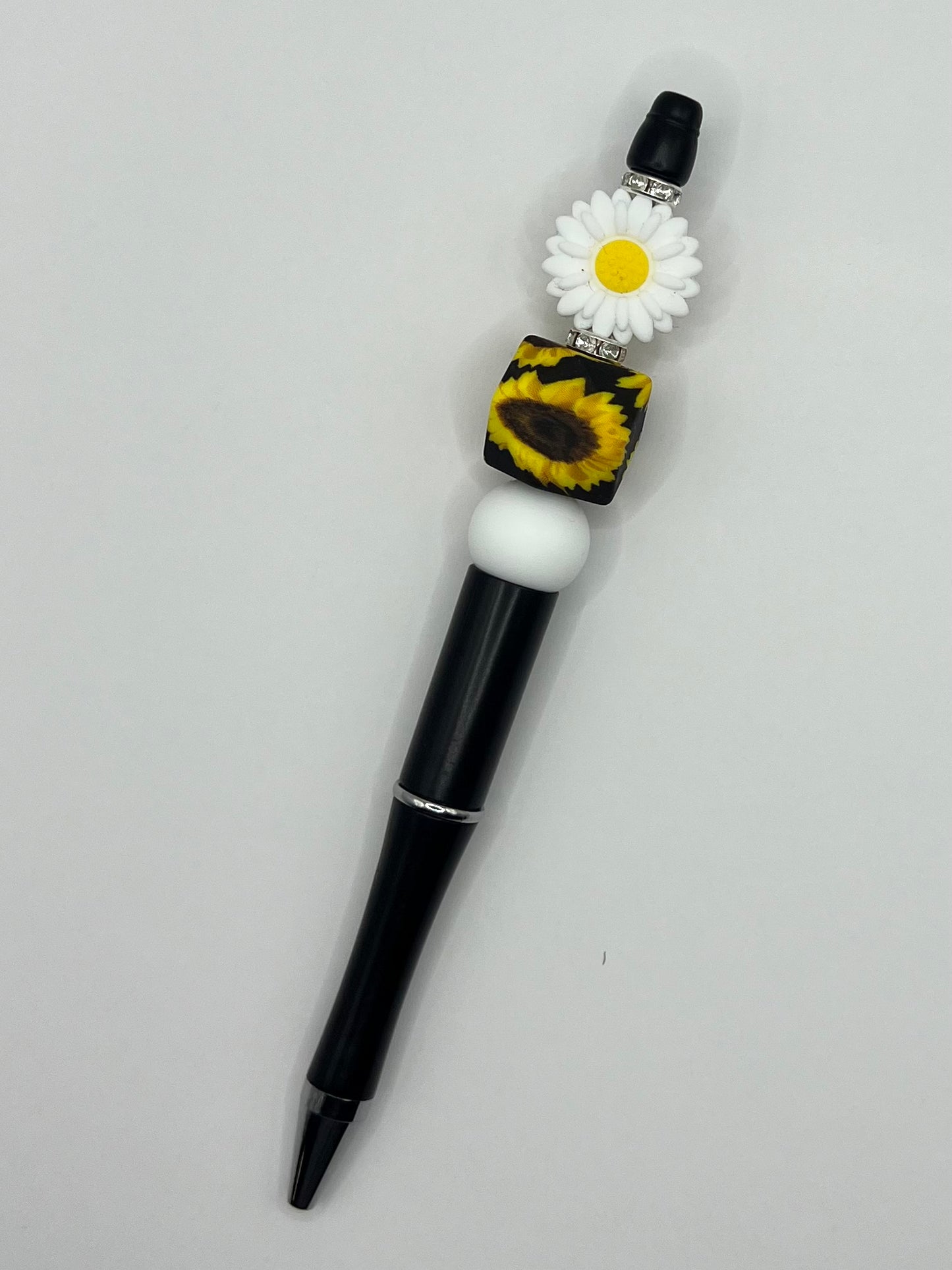 Yellow and White Sunflower Beaded Black Pen