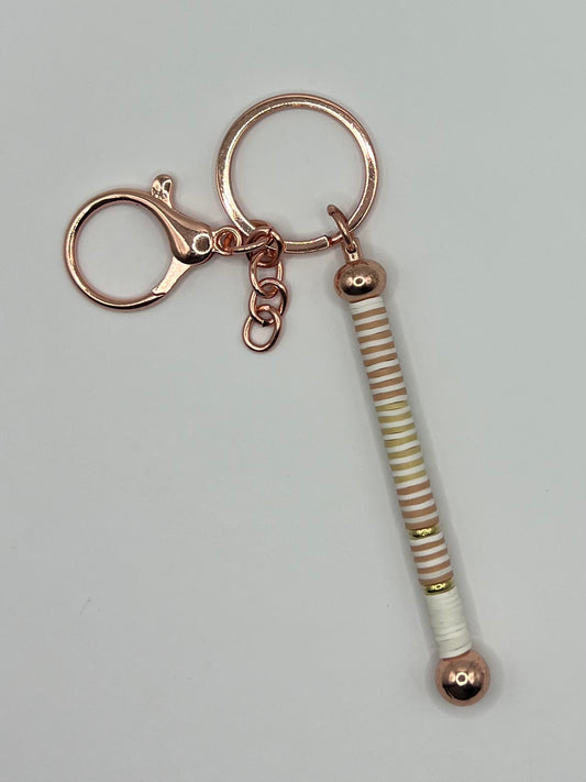 Brown, White and Gold Clay Beaded Rose Gold Keyring