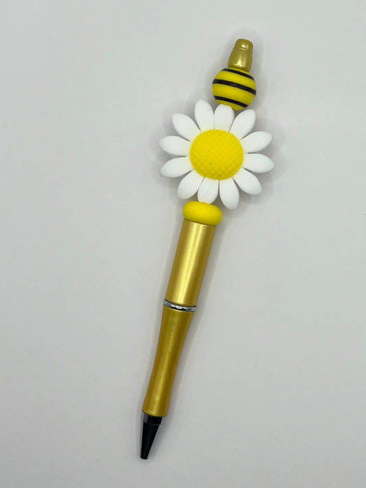 Large White Sunflower Beaded Gold Pen