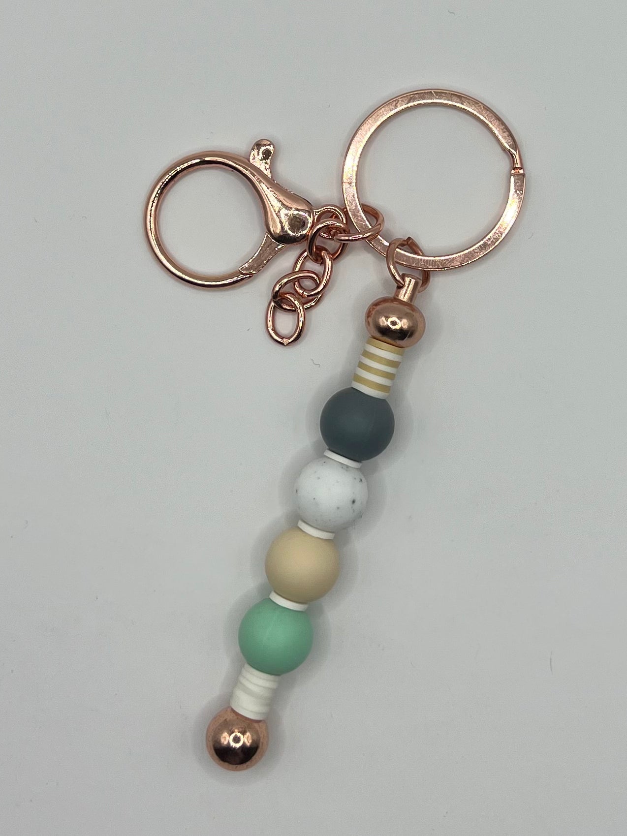 Brown, Grey and Green Clay Beaded Rose Gold Keyring