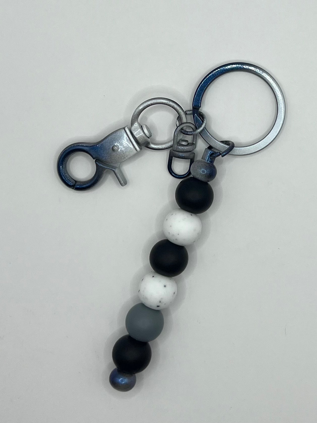 Black, Grey and White Bluely Black Beaded Keyring