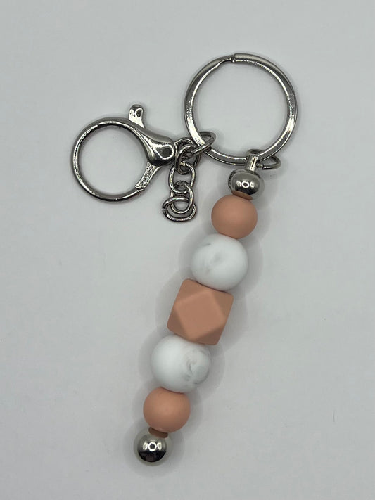 Pinky Brown and Marble White Earthy Beaded Silver Keyring