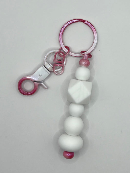 White Beaded Pink Keyring