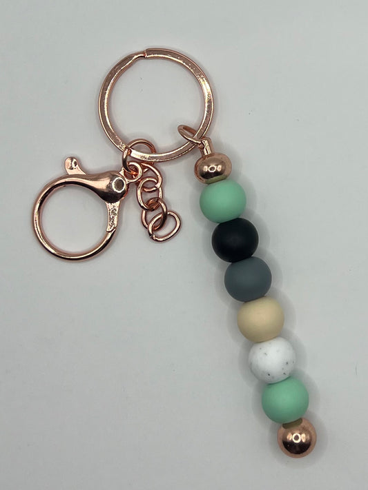 Black, Green and Grey Beaded Rose Gold Keyring