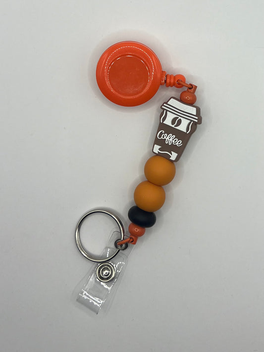 Coffee Beaded Orange Badge Retractable Cord for ID or Keys