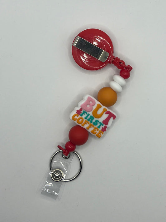 But Coffee First Beaded Badge Retractable Cord for ID or Keys